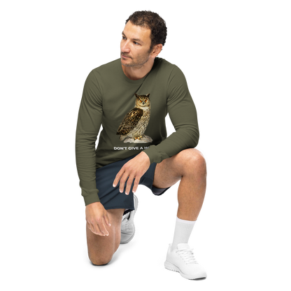 Man wearing a Military Green Owl Long Sleeve Tee featuring a captivating Don't Give A Hoot graphic on the chest - Funny Owl Long Sleeve Graphic Tees - Boozy Fox