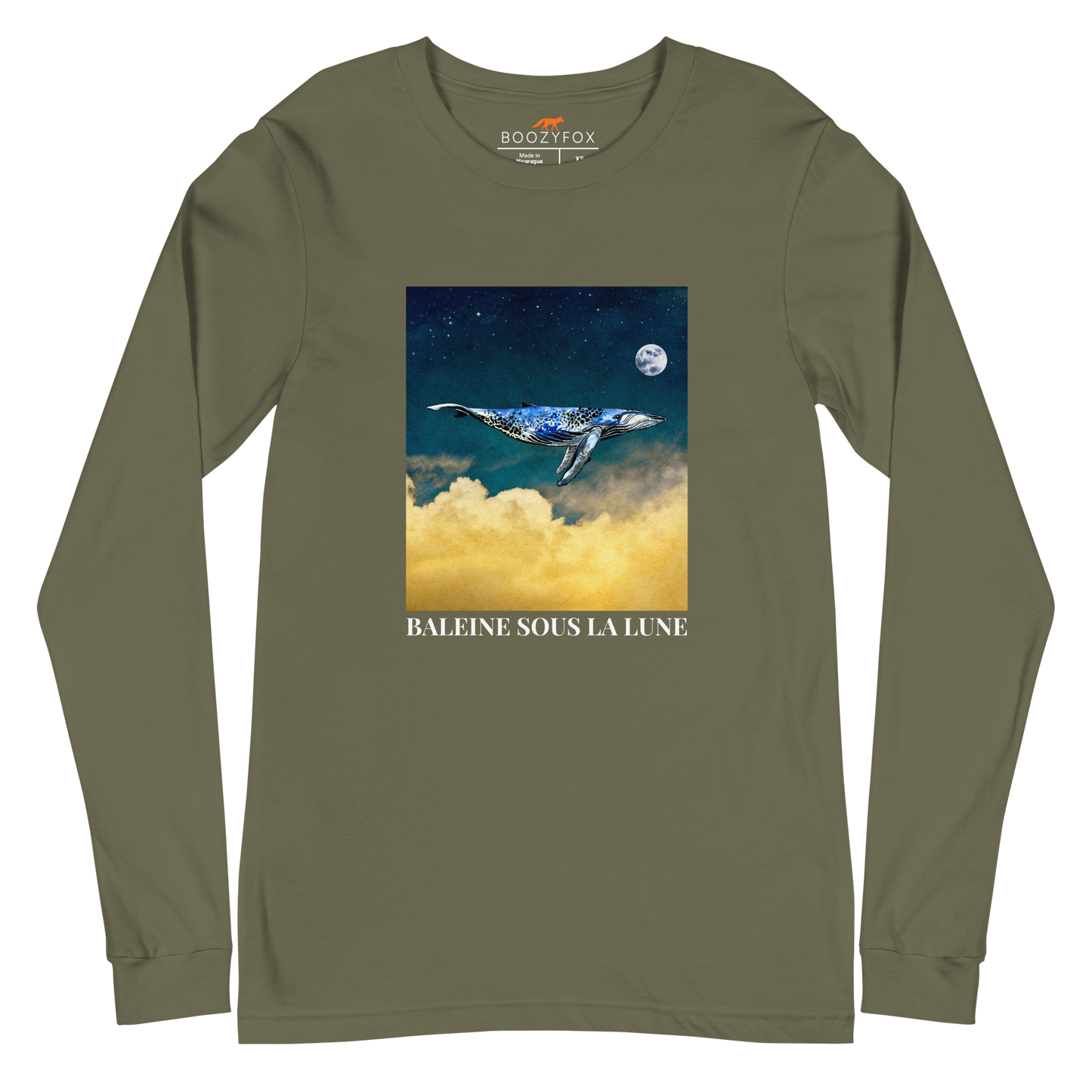 Military Green Whale Long Sleeve Tee featuring a majestic Whale Under The Moon graphic on the chest - Cool Whale Long Sleeve Graphic Tees - Boozy Fox