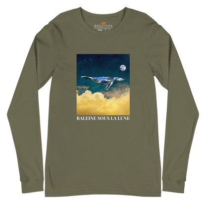 Military Green Whale Long Sleeve Tee featuring a majestic Whale Under The Moon graphic on the chest - Cool Whale Long Sleeve Graphic Tees - Boozy Fox