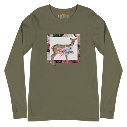 Military Green Deer Long Sleeve Tee featuring a captivating Floral Deer graphic on the chest - Cute Deer Long Sleeve Graphic Tees - Boozy Fox