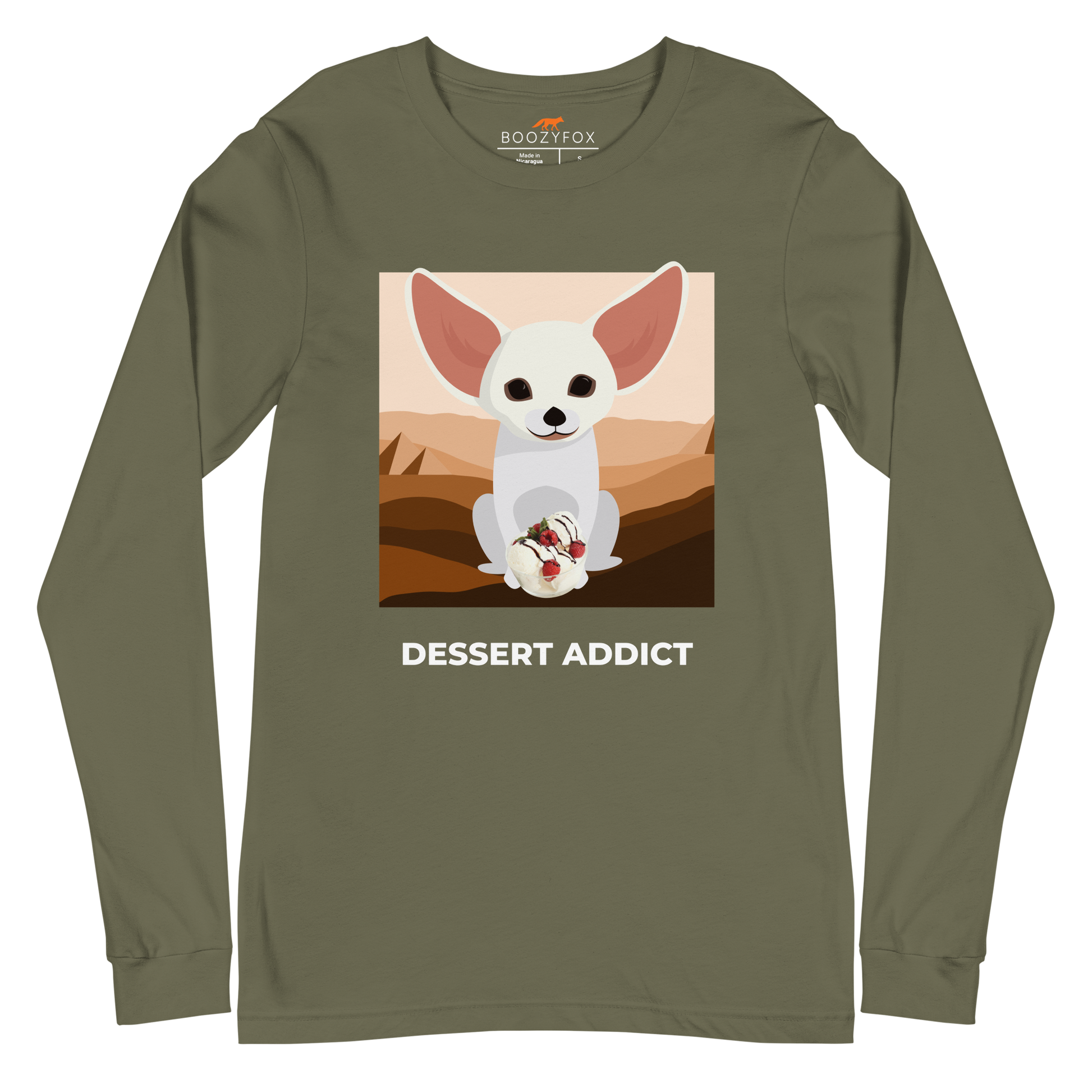 Military Green Fennec Fox Long Sleeve Tee featuring a delightful Dessert Addict graphic on the chest - Funny Fennec Fox Long Sleeve Graphic Tees - Boozy Fox