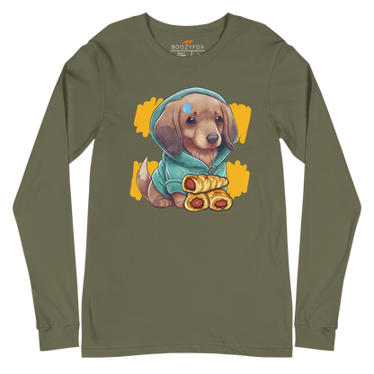 Military Green Sausage Dog Long Sleeve Tee featuring a charming Sausage Roll Dachshund graphic on the chest - Cute Sausage Dog Long Sleeve Graphic Tees - Boozy Fox