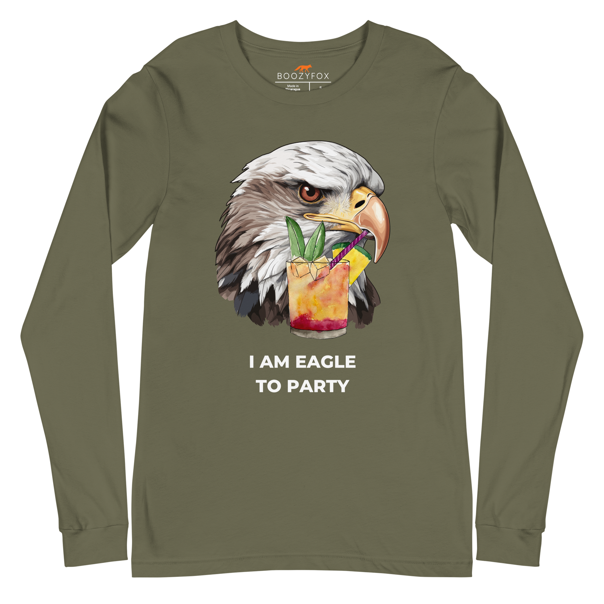 Military Green Eagle Long Sleeve Tee featuring a captivating I Am Eagle To Party graphic on the chest - Funny Eagle Long Sleeve Graphic Tees - Boozy Fox