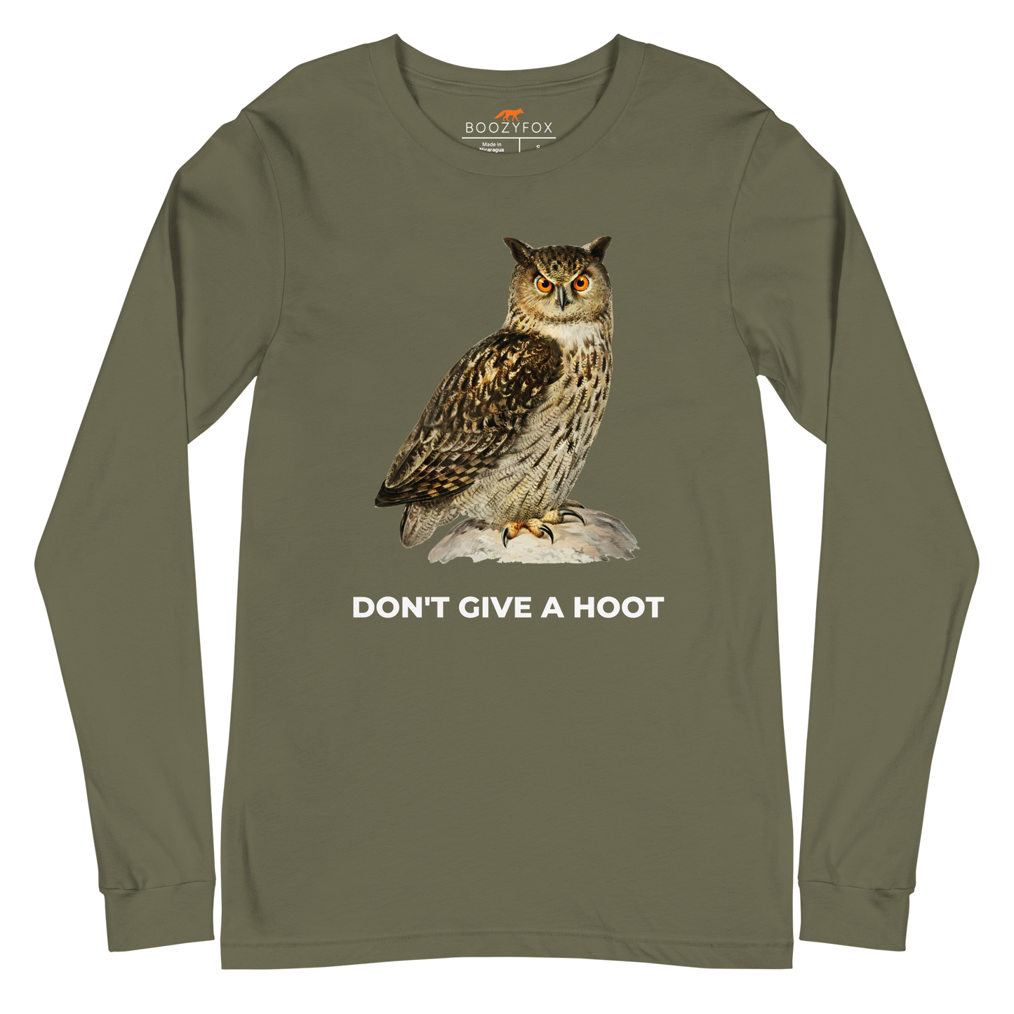 Military Green Owl Long Sleeve Tee featuring a captivating Don't Give A Hoot graphic on the chest - Funny Owl Long Sleeve Graphic Tees - Boozy Fox