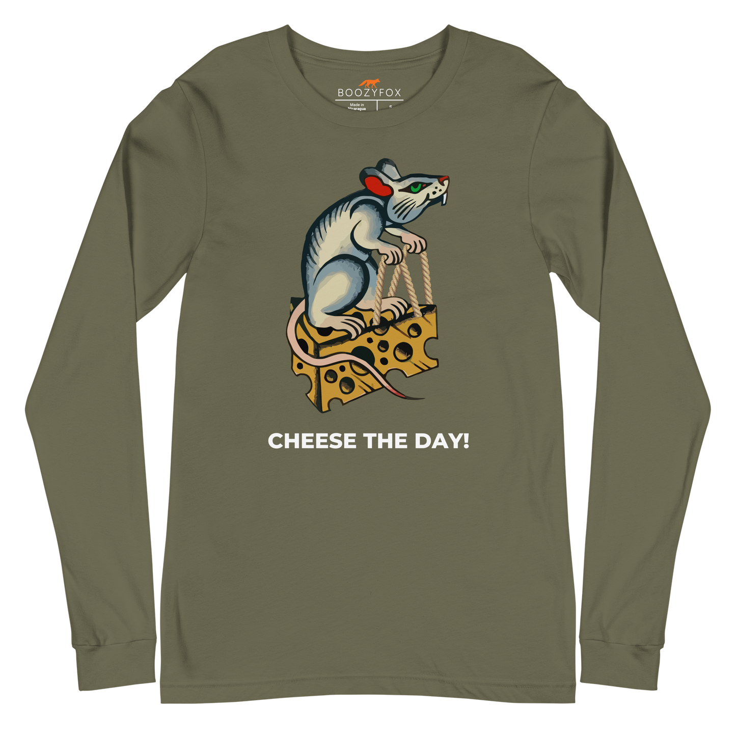 Military Green Rat Long Sleeve Tee featuring a hilarious Cheese The Day graphic on the chest - Funny Rat Long Sleeve Graphic Tees - Boozy Fox