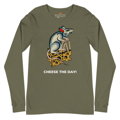 Military Green Rat Long Sleeve Tee featuring a hilarious Cheese The Day graphic on the chest - Funny Rat Long Sleeve Graphic Tees - Boozy Fox