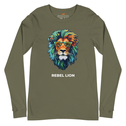 Military Green Lion Long Sleeve Tee featuring a bold Rebel Lion graphic on the chest - Cool Lion Long Sleeve Graphic Tees - Boozy Fox