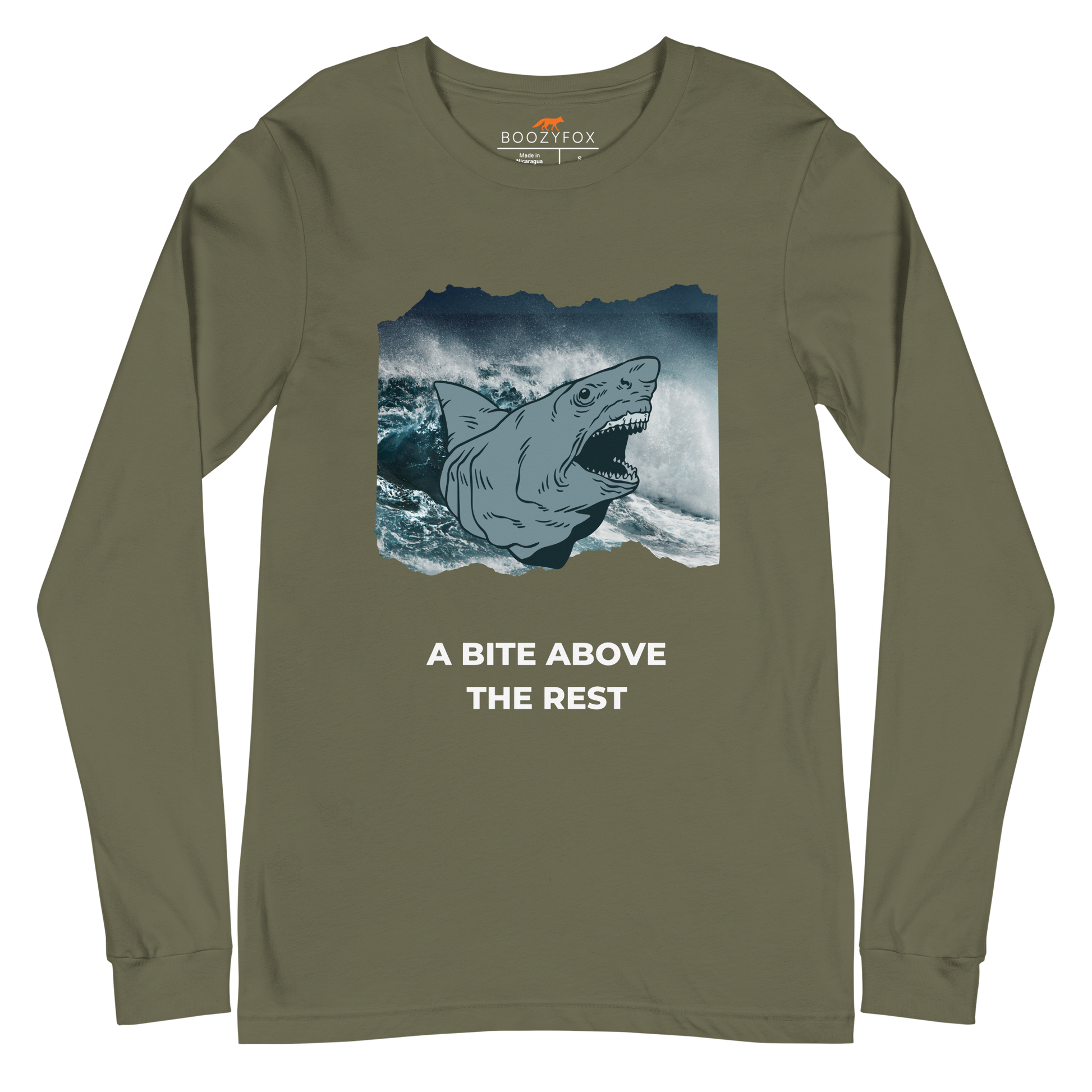 Military Green Megalodon Long Sleeve Tee featuring A Bite Above the Rest graphic on the chest - Funny Megalodon Long Sleeve Graphic Tees - Boozy Fox
