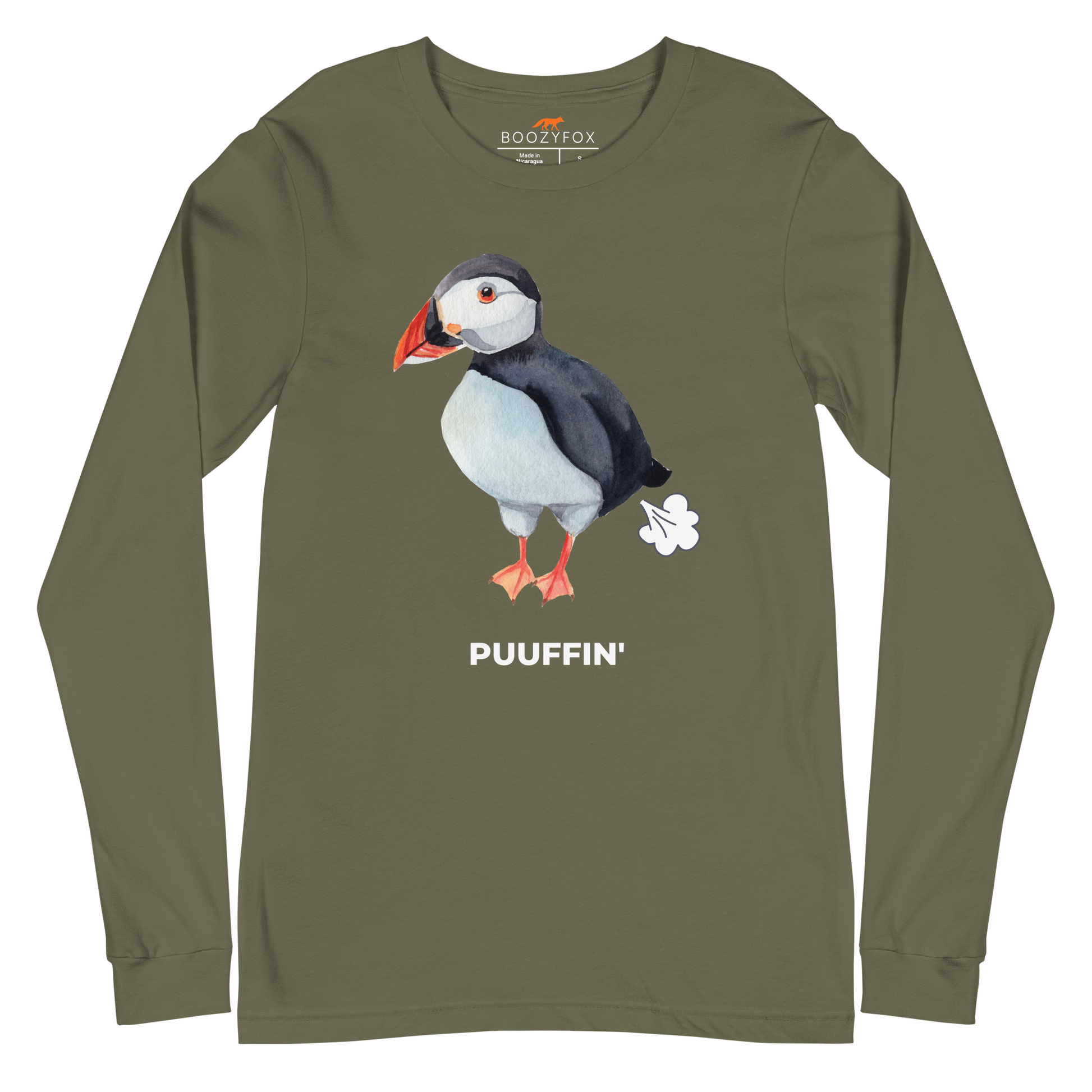 Military Green Puffin Long Sleeve Tee featuring a comic Puuffin' graphic on the chest - Funny Puffin Long Sleeve Graphic Tees - Boozy Fox