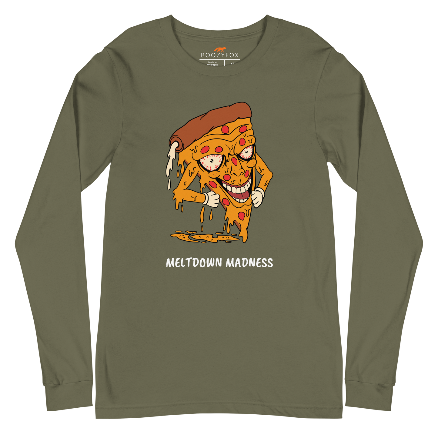 Military Green Melting Pizza Long Sleeve Tee featuring a Meltdown Madness graphic on the chest - Funny Pizza Long Sleeve Graphic Tees - Boozy Fox