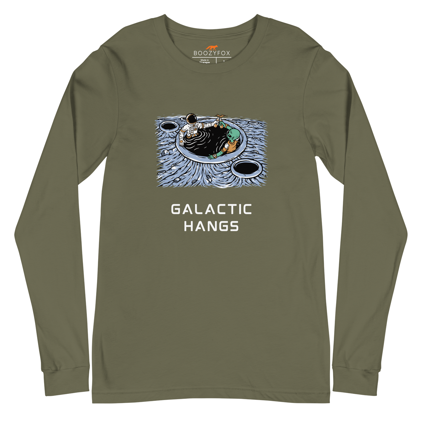 Military Green Galactic Hangs Long Sleeve Tee featuring an out-of-this-world graphic of an Astronaut and Alien Chilling Together - Funny Space Long Sleeve Graphic Tees - Boozy Fox