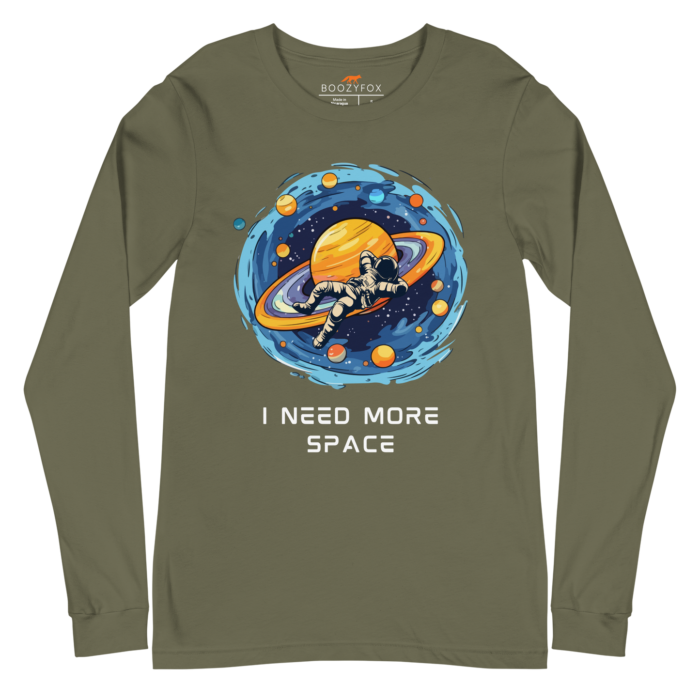Military Green Astronaut Long Sleeve Tee featuring a captivating I Need More Space graphic on the chest - Funny Space Long Sleeve Graphic Tees - Boozy Fox