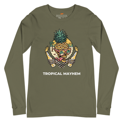 Military Green Tropical Mayhem Long Sleeve Tee featuring a Crazy Pineapple Skull graphic on the chest - Funny Pineapple Long Sleeve Graphic Tees - Boozy Fox