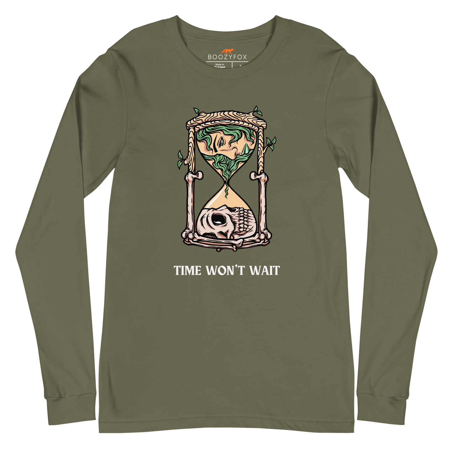Military Green Hourglass Long Sleeve Tee featuring a captivating Time Won't Wait graphic on the chest - Cool Hourglass Long Sleeve Graphic Tees - Boozy Fox
