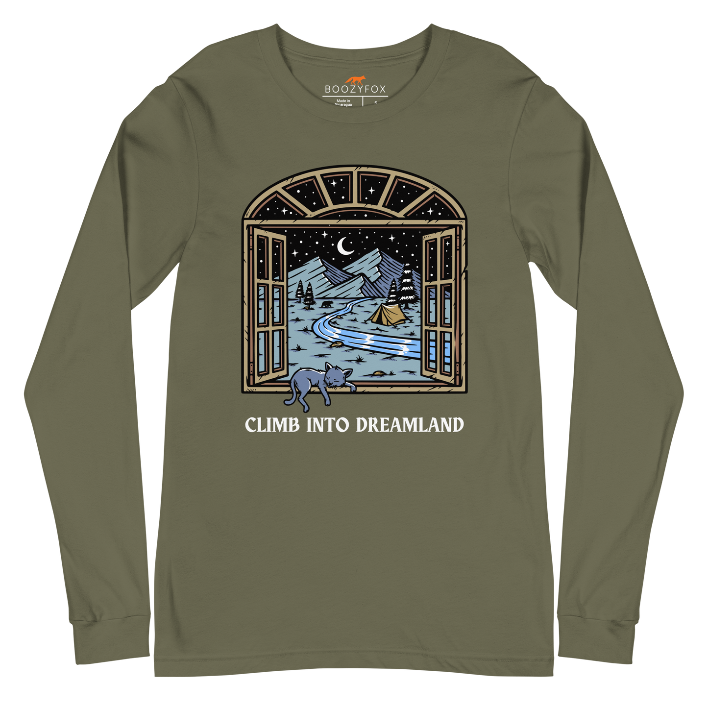 Military Green Climb Into Dreamland Long Sleeve Tee featuring a mesmerizing mountain view graphic on the chest - Cool Nature Long Sleeve Graphic Tees - Boozy Fox