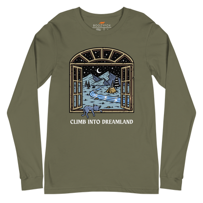 Military Green Climb Into Dreamland Long Sleeve Tee featuring a mesmerizing mountain view graphic on the chest - Cool Nature Long Sleeve Graphic Tees - Boozy Fox