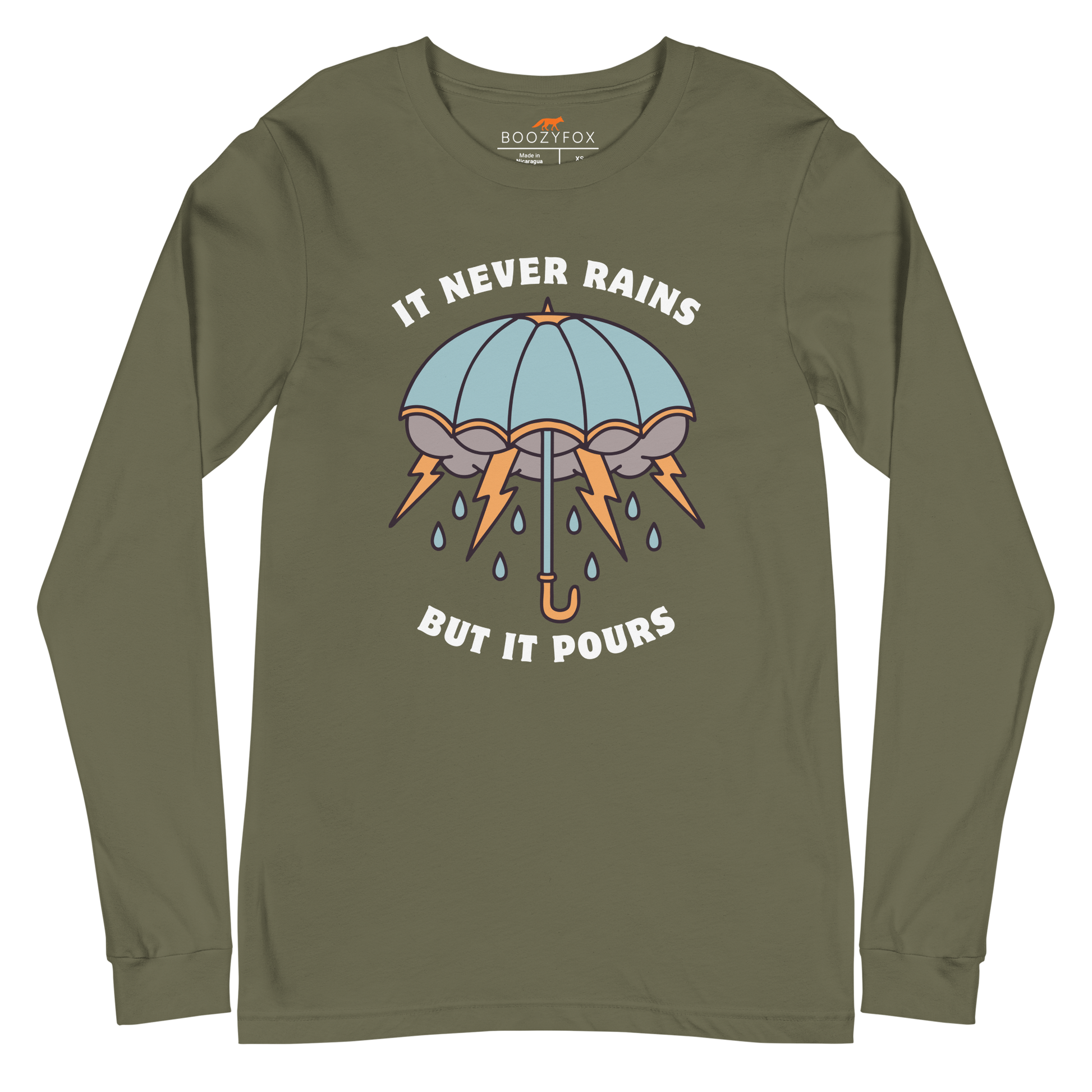 Military Green Umbrella Long Sleeve Tee featuring a unique It Never Rains But It Pours graphic on the chest - Cool Tattoo-Inspired Umbrella Long Sleeve Graphic Tees - Boozy Fox