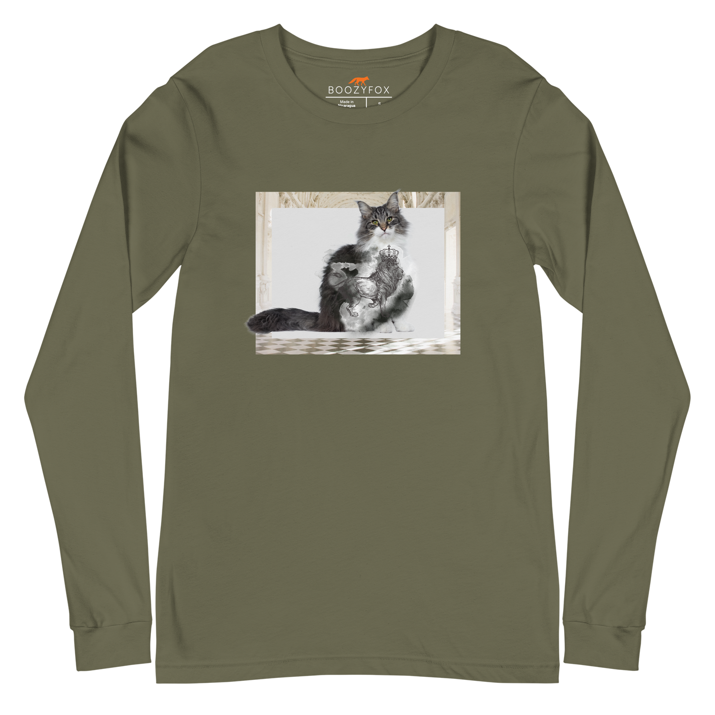 Military Green Royal Cat Long Sleeve Tee featuring a Majestic Cat graphic on the chest - Cute Cat Long Sleeve Graphic Tees - Boozy Fox
