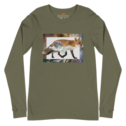 Military Green Fox Long Sleeve Tee featuring a mesmerizing Space Fox graphic on the chest - Cool Fox Long Sleeve Graphic Tees - Boozy Fox