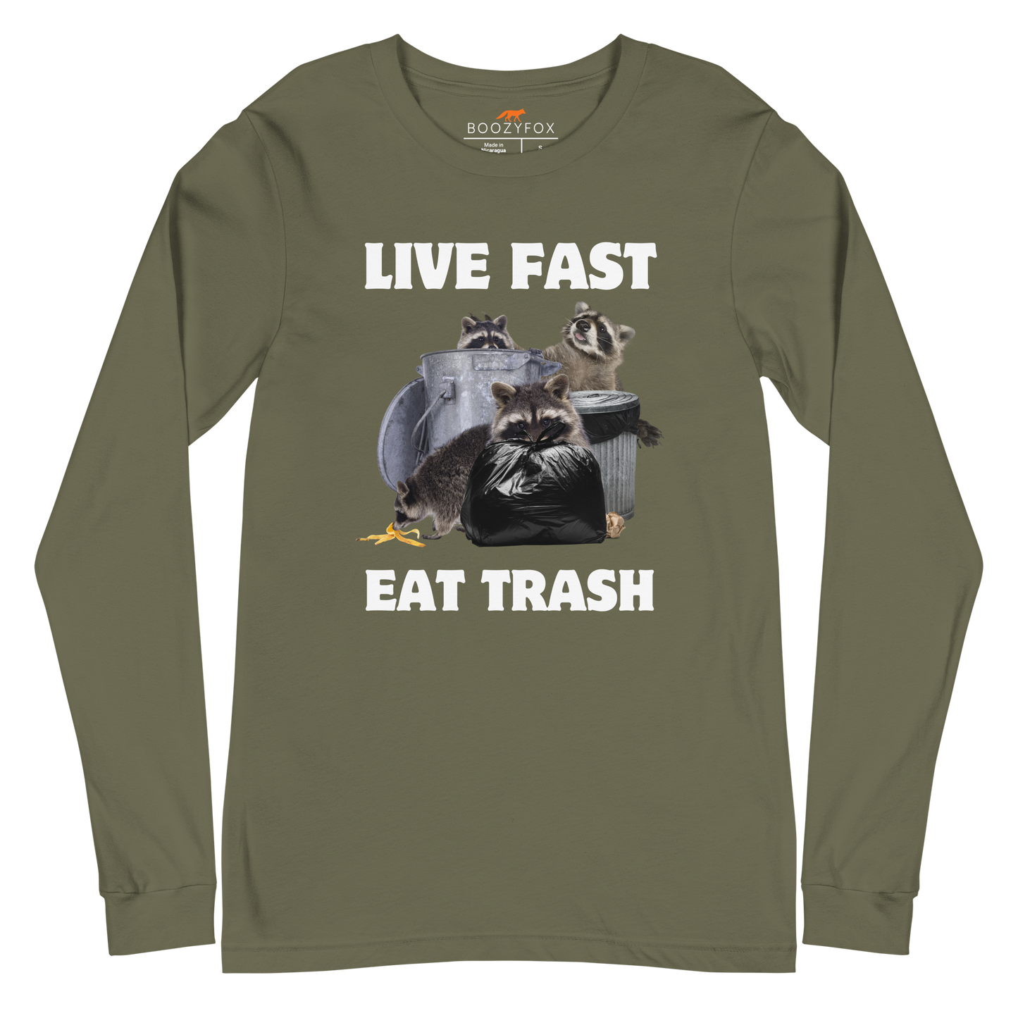 Military Green Raccoon Long Sleeve Tee featuring a funny Live Fast Eat Trash graphic on the chest - Funny Raccoon Long Sleeve Graphic Tees - Boozy Fox