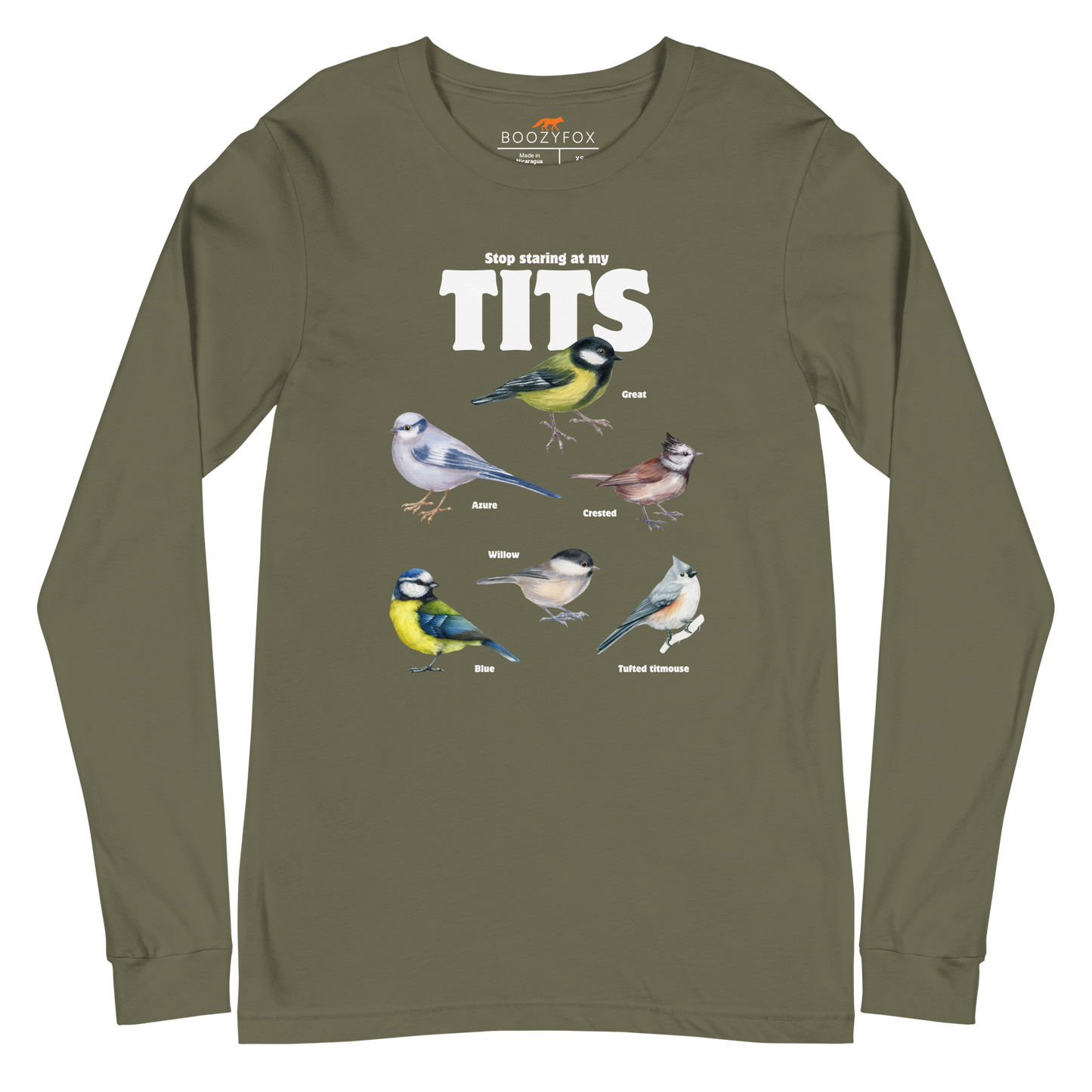 Military Green Tit Long Sleeve Tee featuring a funny Stop Staring At My Tits graphic on the chest - Funny Tit Bird Long Sleeve Graphic Tees - Boozy Fox