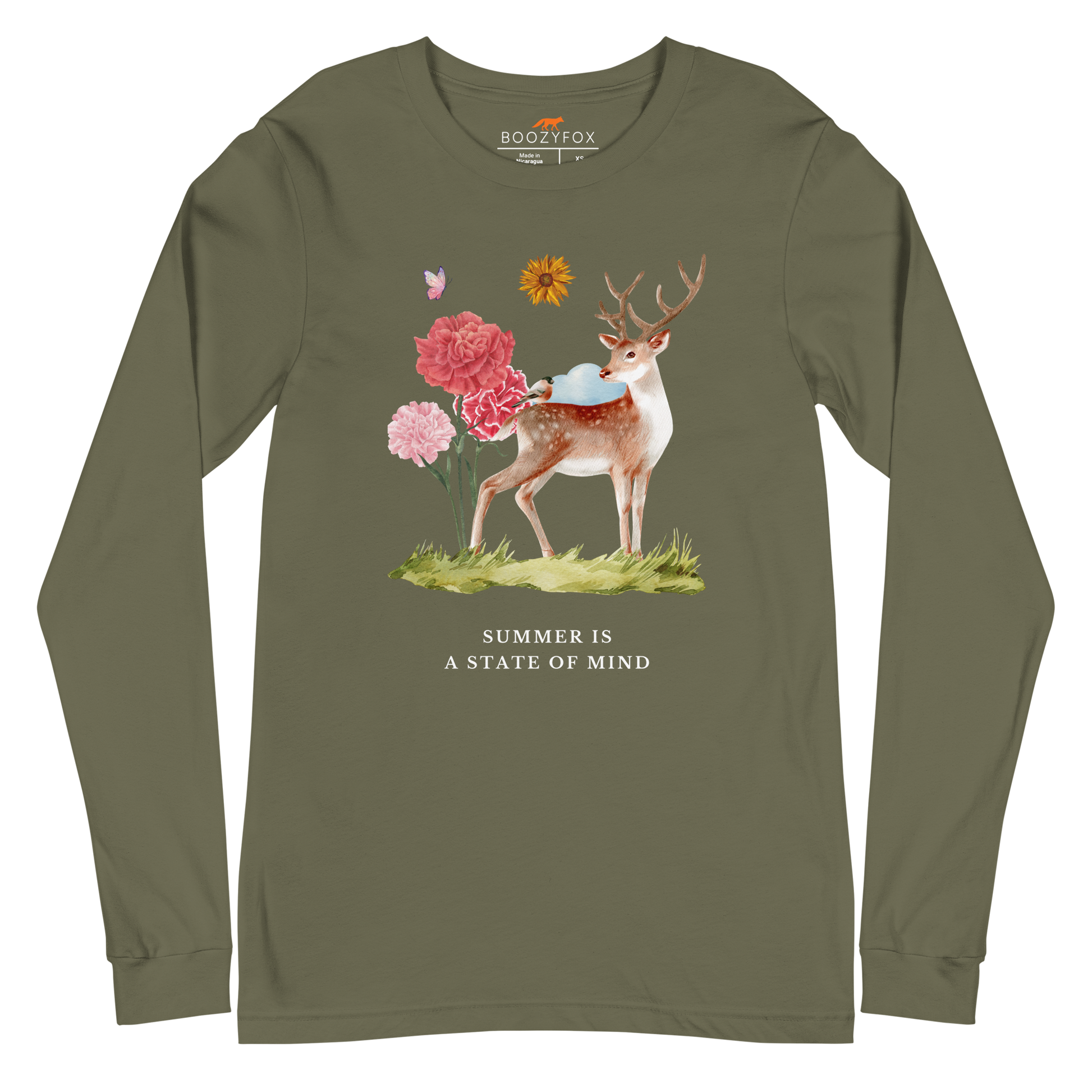 Military Green Summer Is a State of Mind Long Sleeve Tee featuring a Summer Is a State of Mind graphic on the chest - Cute Summer Long Sleeve Graphic Tees - Boozy Fox