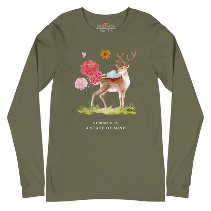 Military Green Summer Is a State of Mind Long Sleeve Tee featuring a Summer Is a State of Mind graphic on the chest - Cute Summer Long Sleeve Graphic Tees - Boozy Fox