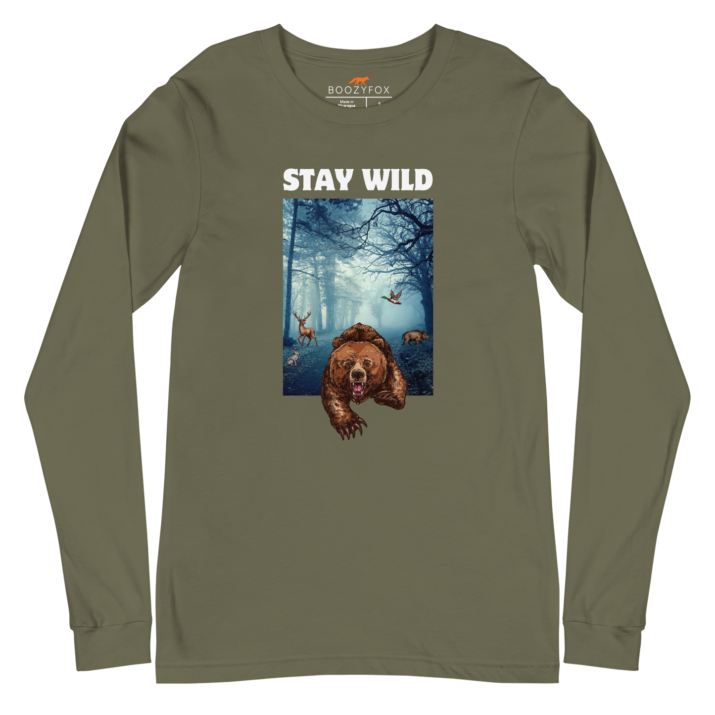 Military Green Bear Long Sleeve Tee featuring a Stay Wild graphic on the chest - Cool Bear Long Sleeve Graphic Tees - Boozy Fox