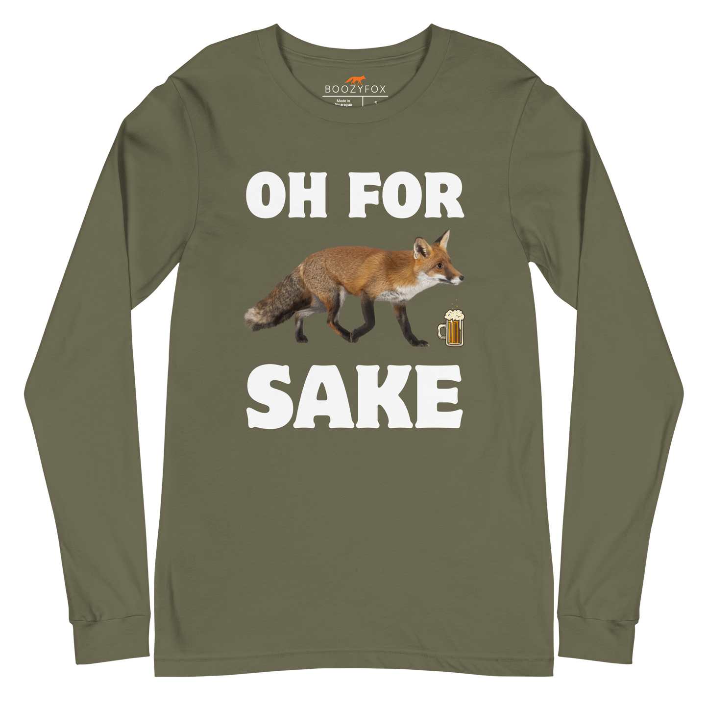 Military Green Fox Long Sleeve Tee featuring a Oh For Fox Sake graphic on the chest - Funny Fox Long Sleeve Graphic Tees - Boozy Fox