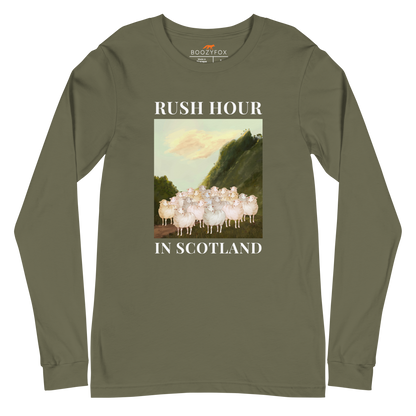 Military Green Sheep Long Sleeve Tee featuring a comical Rush Hour In Scotland graphic on the chest - Artsy/Funny Sheep Long Sleeve Graphic Tees - Boozy Fox