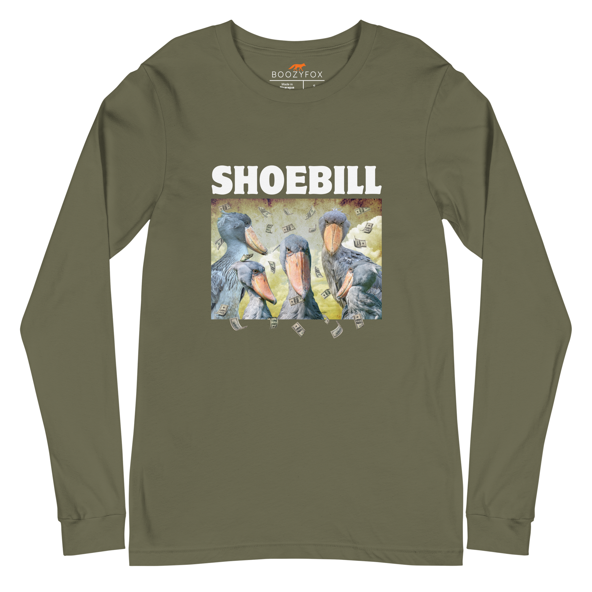Military Green Shoebill Stork Long Sleeve Tee featuring cool Shoebill graphic on the chest - Artsy/Funny Shoebill Stork Long Sleeve Graphic Tees - Boozy Fox