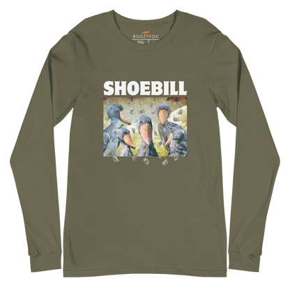 Military Green Shoebill Stork Long Sleeve Tee featuring cool Shoebill graphic on the chest - Artsy/Funny Shoebill Stork Long Sleeve Graphic Tees - Boozy Fox
