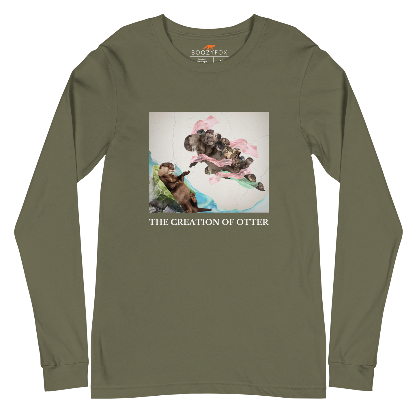 Military Green Otter Long Sleeve Tee featuring a playful The Creation of Otter parody of Michelangelo's masterpiece - Artsy/Funny Otter Long Sleeve Graphic Tees - Boozy Fox