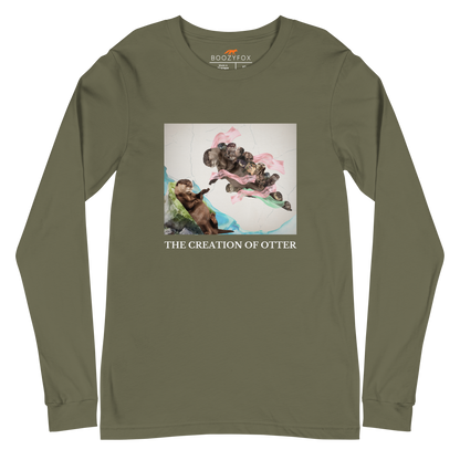 Military Green Otter Long Sleeve Tee featuring a playful The Creation of Otter parody of Michelangelo's masterpiece - Artsy/Funny Otter Long Sleeve Graphic Tees - Boozy Fox