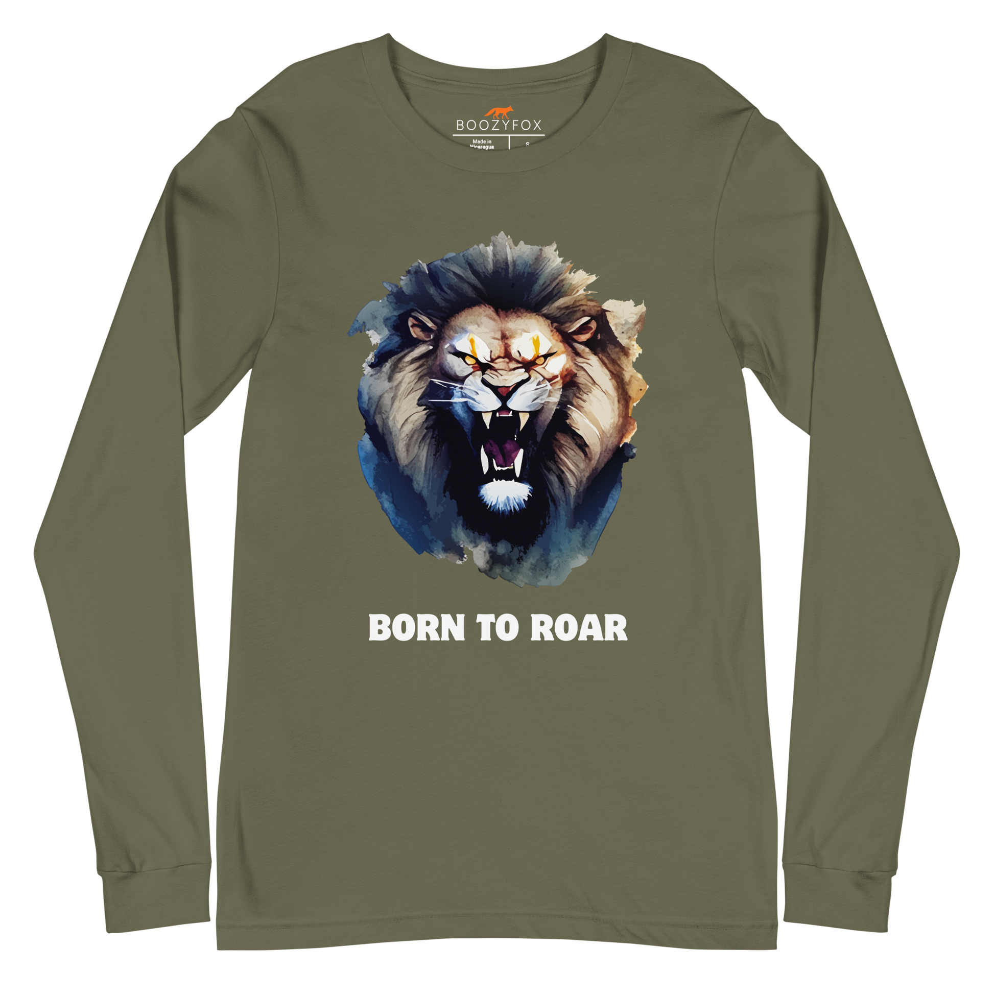 Funny Born to Roar Lion Long Sleeve Tee in military green by Boozy Fox