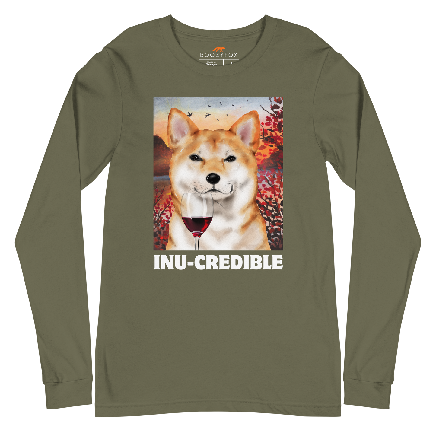 Funny Shiba Inu graphic long sleeve tee in military green by Boozy Fox
