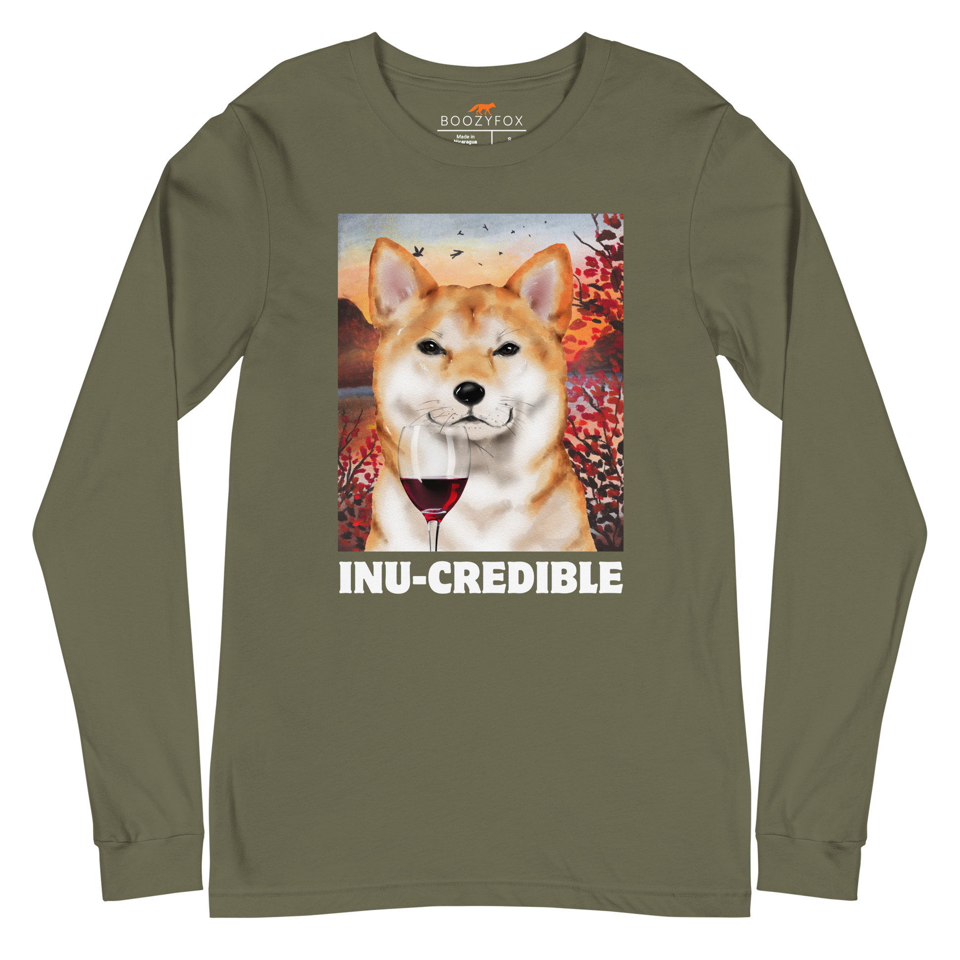 Funny Shiba Inu graphic long sleeve tee in military green by Boozy Fox