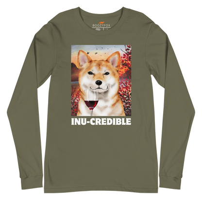 Funny Shiba Inu graphic long sleeve tee in military green by Boozy Fox