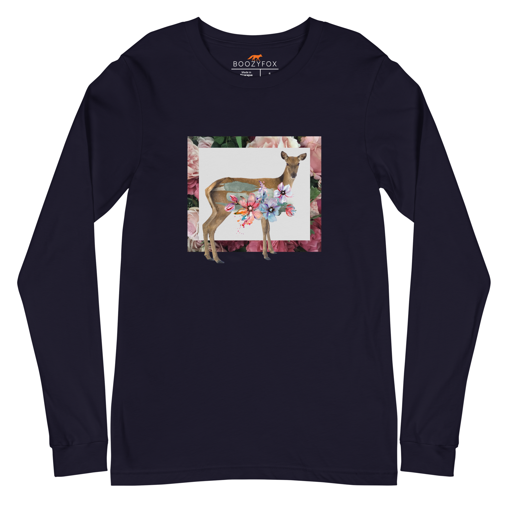 Navy Deer Long Sleeve Tee featuring a captivating Floral Deer graphic on the chest - Cute Deer Long Sleeve Graphic Tees - Boozy Fox
