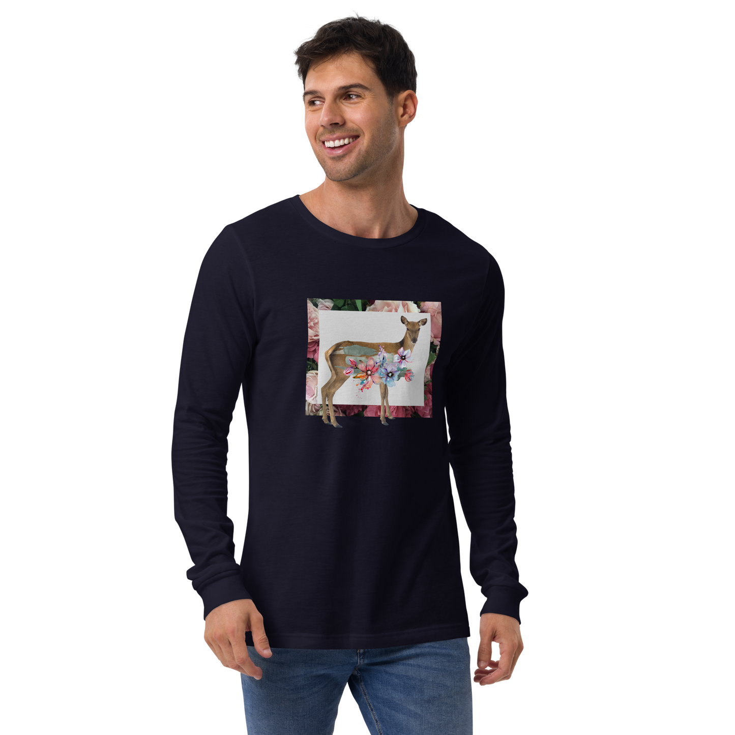 Smiling Man Wearing a Navy Deer Long Sleeve Tee featuring a captivating Floral Deer graphic on the chest - Cute Deer Long Sleeve Graphic Tees - Boozy Fox