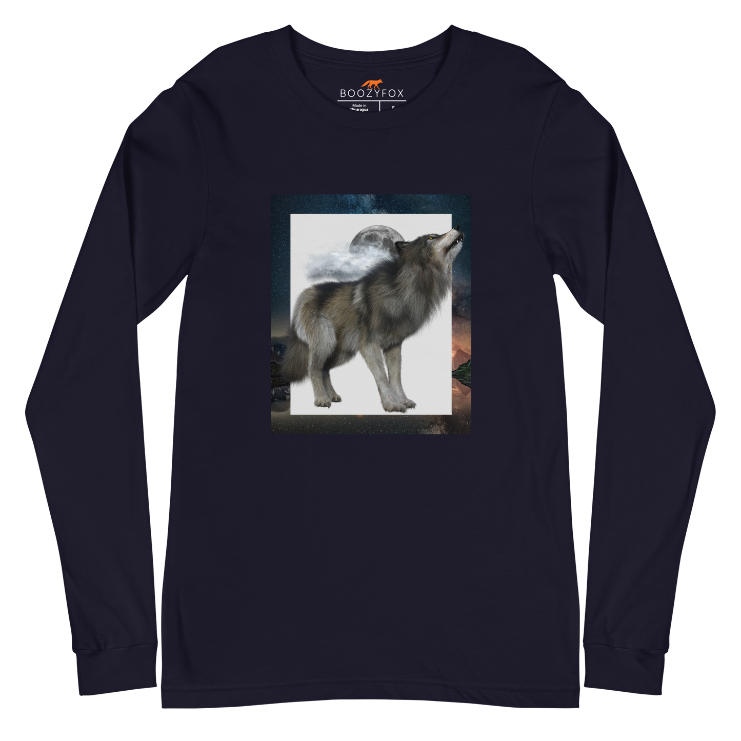 Navy Wolf Long Sleeve Tee featuring a fierce Howling Wolf graphic on the chest - Cool Wolf Long Sleeve Graphic Tees - Boozy Fox