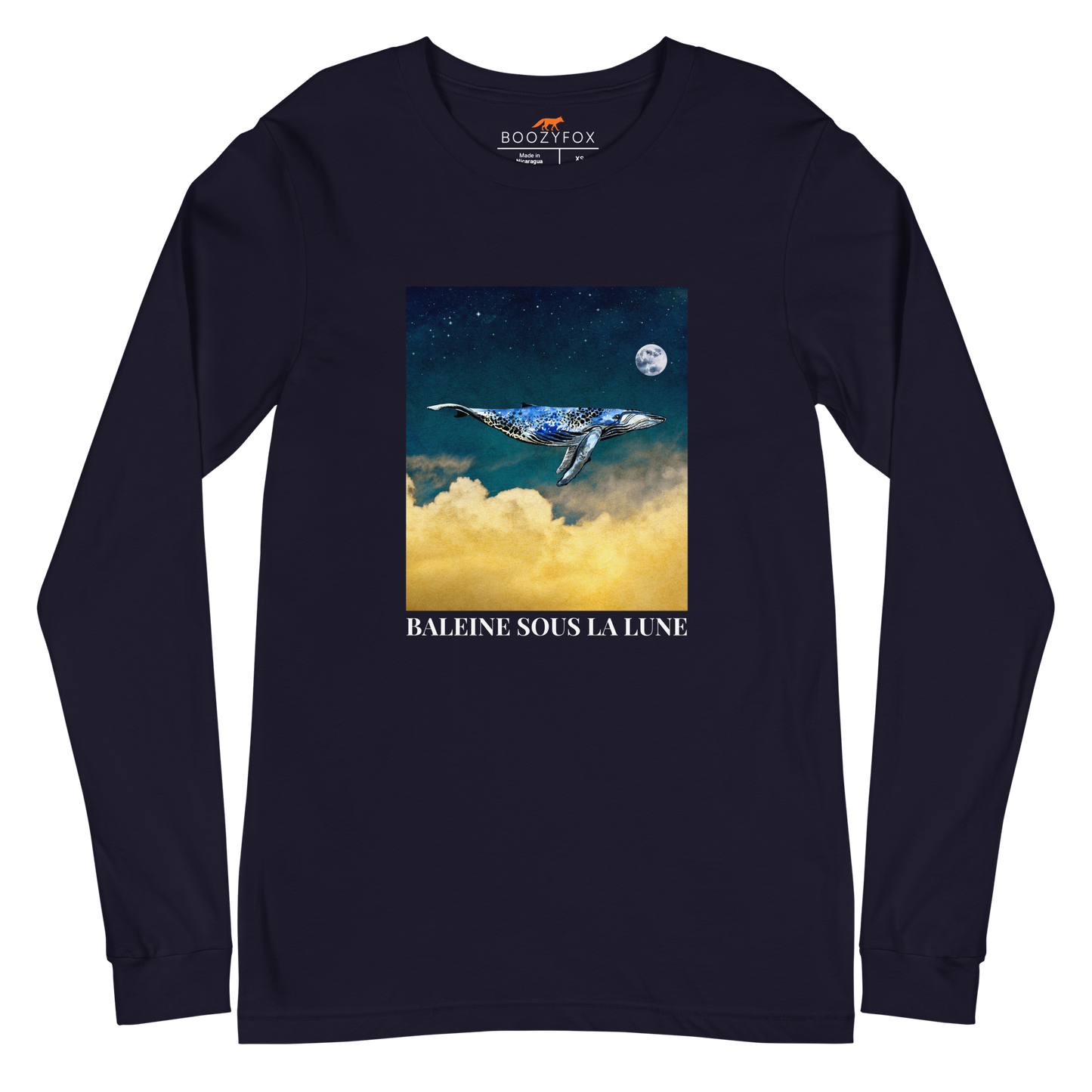 Navy Whale Long Sleeve Tee featuring a majestic Whale Under The Moon graphic on the chest - Cool Whale Long Sleeve Graphic Tees - Boozy Fox
