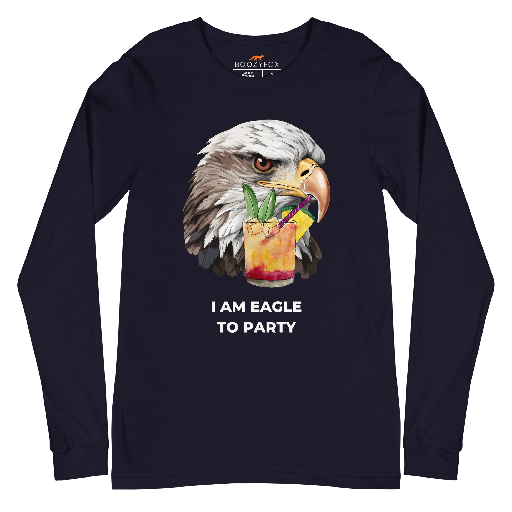 Navy Eagle Long Sleeve Tee featuring a captivating I Am Eagle To Party graphic on the chest - Funny Eagle Long Sleeve Graphic Tees - Boozy Fox