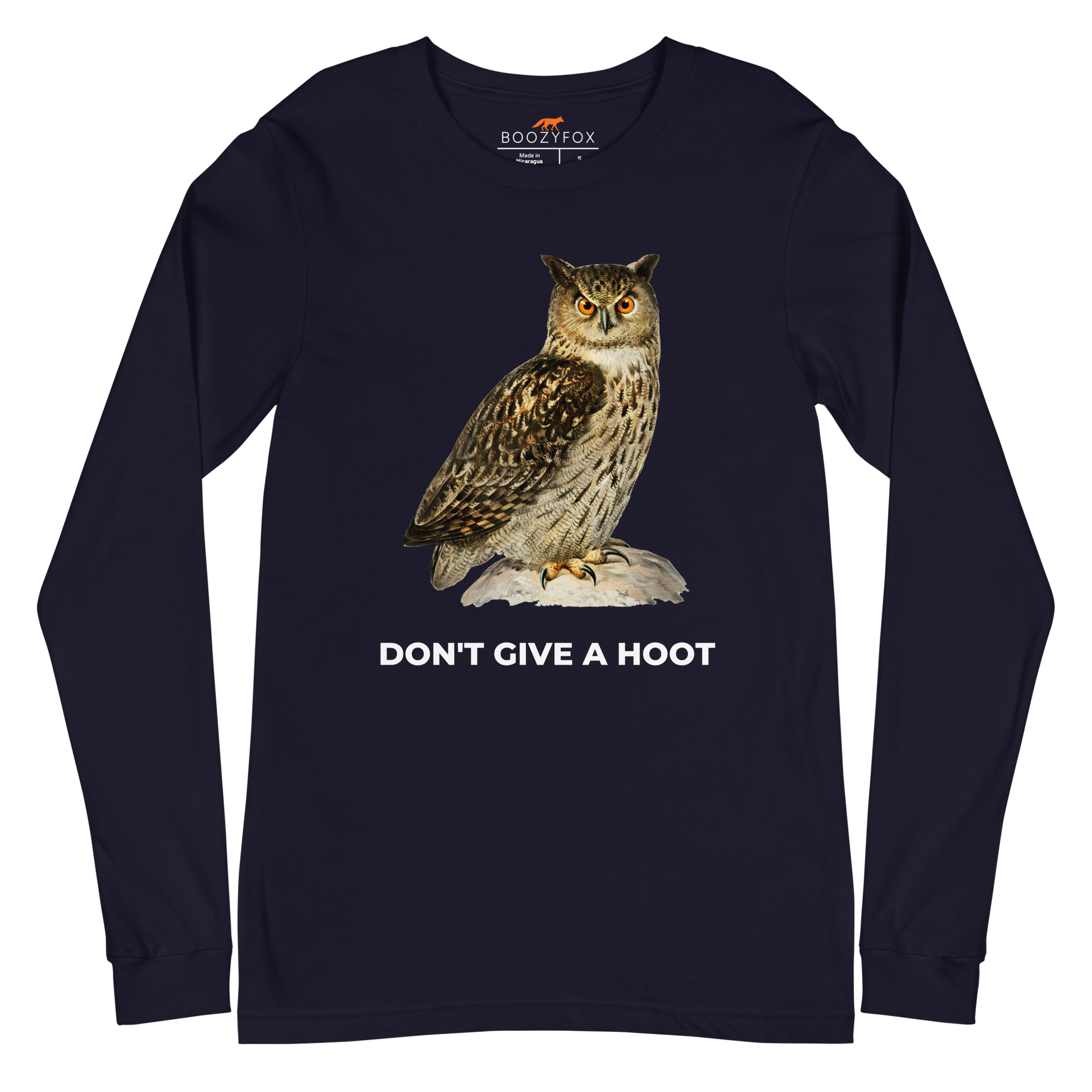 Navy Owl Long Sleeve Tee featuring a captivating Don't Give A Hoot graphic on the chest - Funny Owl Long Sleeve Graphic Tees - Boozy Fox