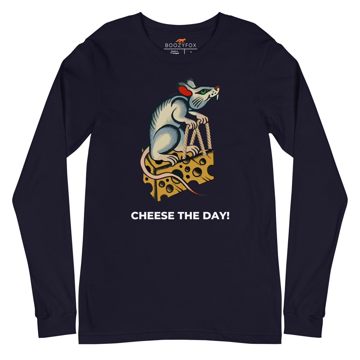 Navy Rat Long Sleeve Tee featuring a hilarious Cheese The Day graphic on the chest - Funny Rat Long Sleeve Graphic Tees - Boozy Fox