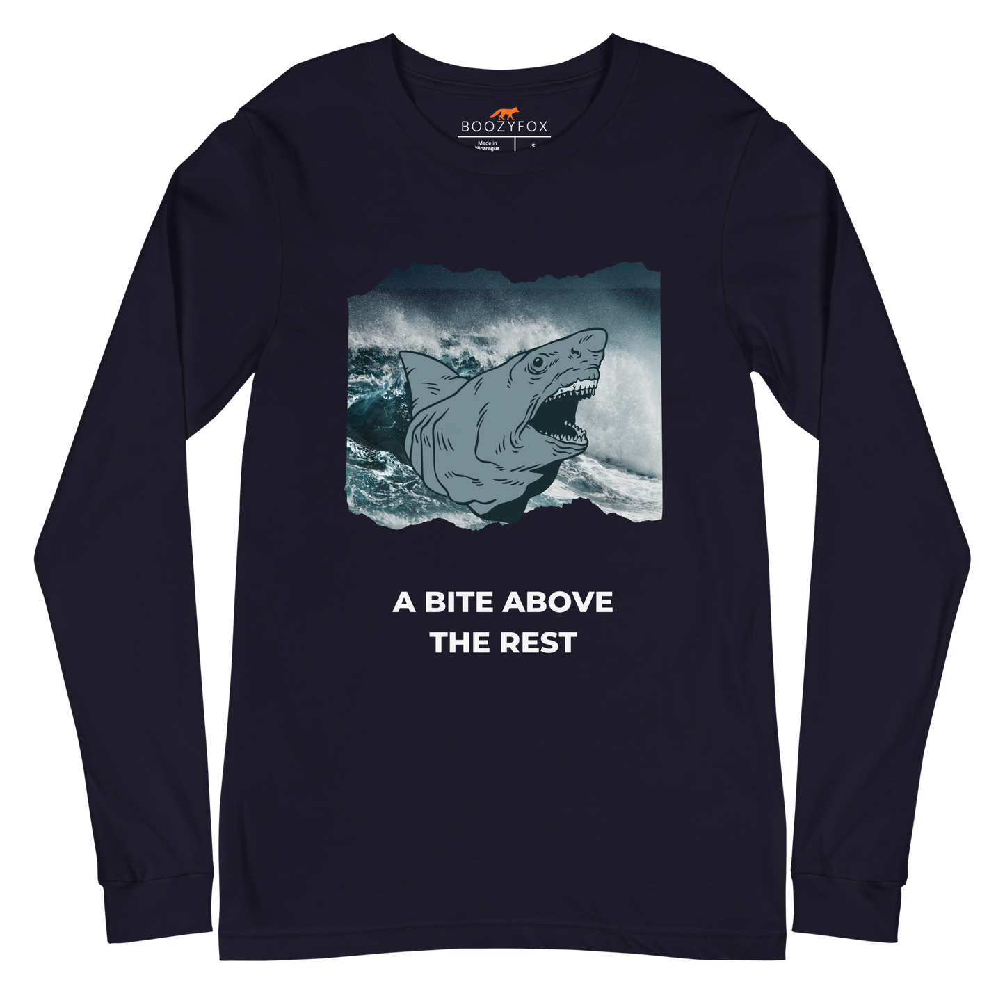 Navy Megalodon Long Sleeve Tee featuring A Bite Above the Rest graphic on the chest - Funny Megalodon Long Sleeve Graphic Tees - Boozy Fox