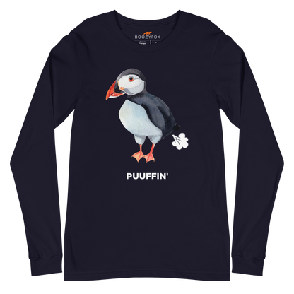 Navy Puffin Long Sleeve Tee featuring a comic Puuffin' graphic on the chest - Funny Puffin Long Sleeve Graphic Tees - Boozy Fox