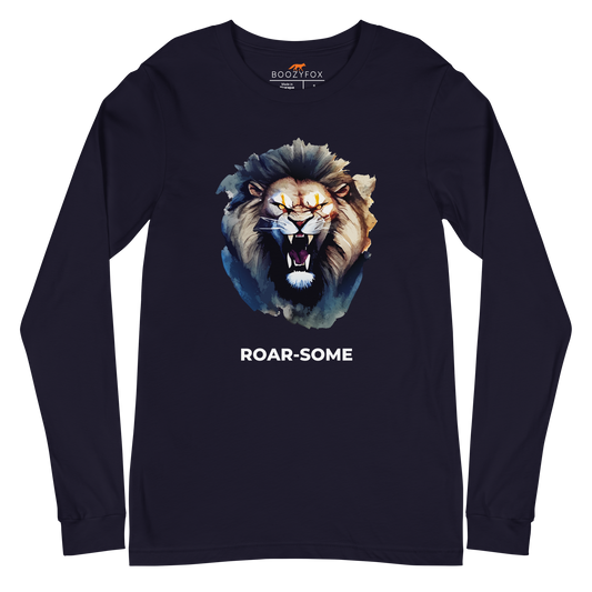 Navy Lion Long Sleeve Tee featuring a Roar-Some graphic on the chest - Cool Lion Long Sleeve Graphic Tees - Boozy Fox