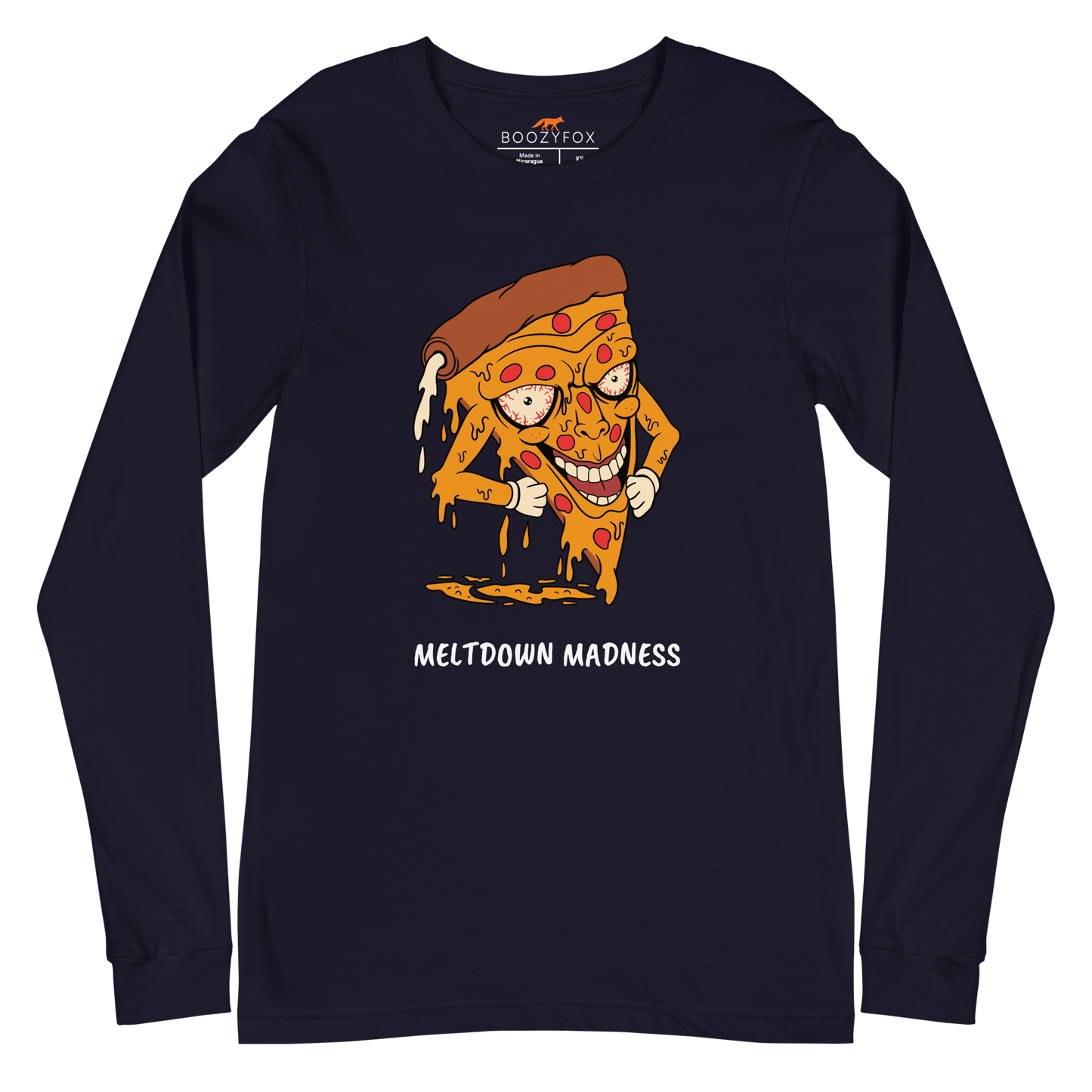 Navy Melting Pizza Long Sleeve Tee featuring a Meltdown Madness graphic on the chest - Funny Pizza Long Sleeve Graphic Tees - Boozy Fox