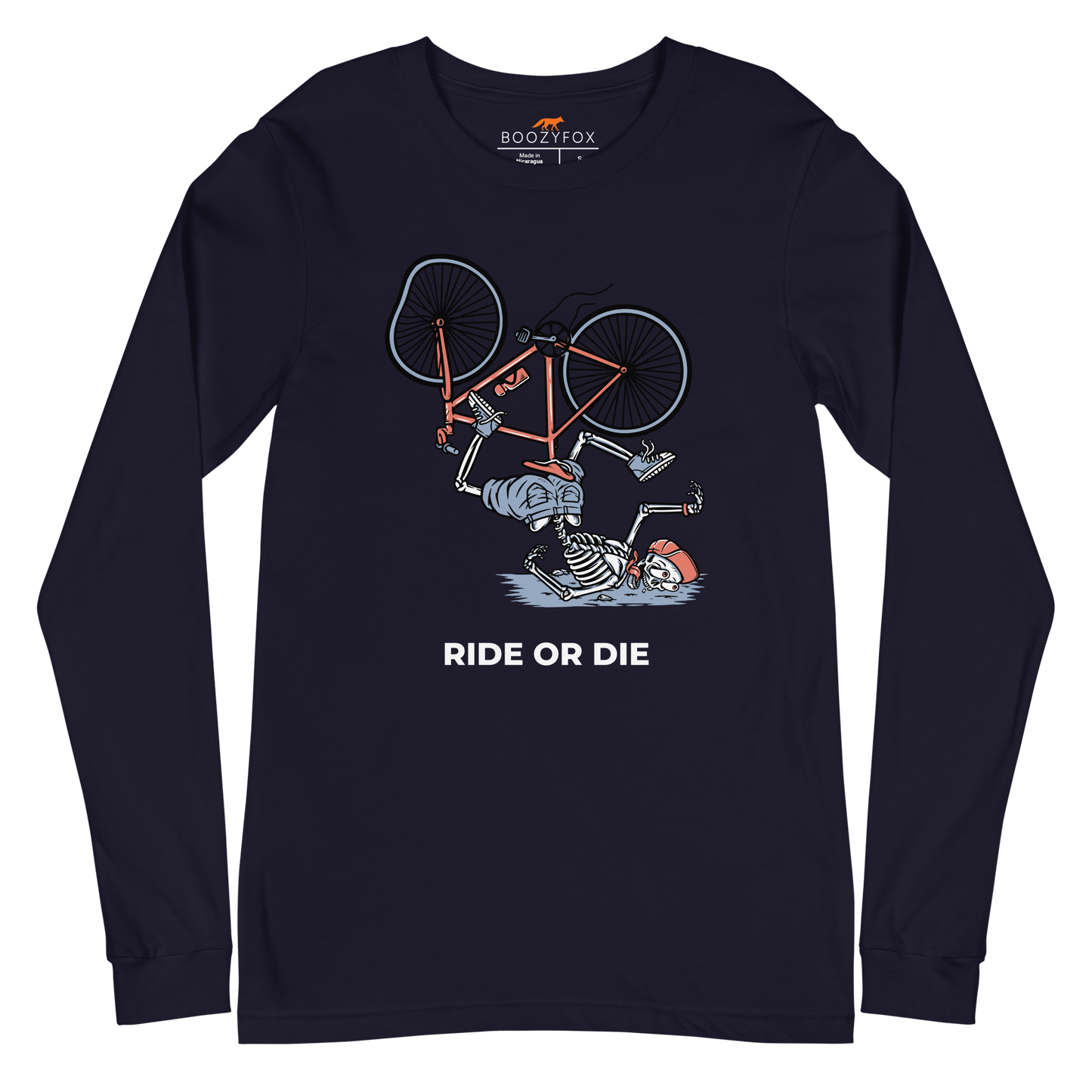 Navy Ride or Die Long Sleeve Tee featuring a bold Skeleton Falling While Riding a Bicycle graphic on the chest - Funny Skeleton Long Sleeve Graphic Tees - Boozy Fox